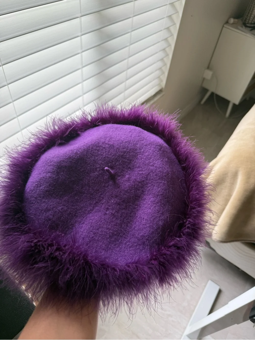Real Wool Vintage Preston & York Purple Feather-Trim Beret